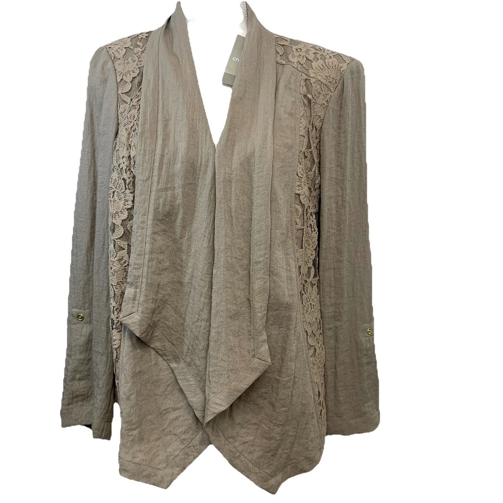 Chicos 2 Open Lacy Taupe Jacket Large‎ Roll Tab Sleeve Neutral Minimal Light New
